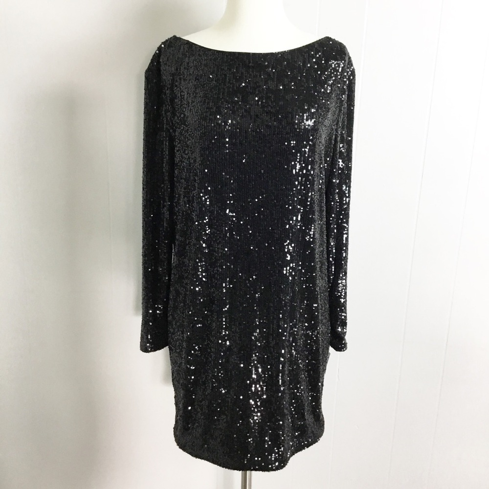 LA FEMME Long Sleeve Black Sequin Formal Cocktail Mini Dress Size 6 New